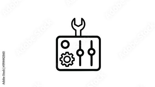 Vector illustration of black and white line icon representing settings, configuration, maintenance, tools, and adjustments with sliders and a wrench, on a transparent background