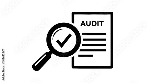 Vector illustration of black and white icon representing an audit process with a magnifying glass checking a document labeled audit on a transparent background