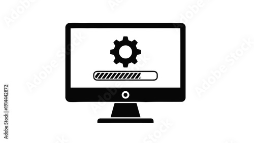 Vector illustration of computer monitor displaying system update or installation progress with gear icon and loading bar icon on a transparent background