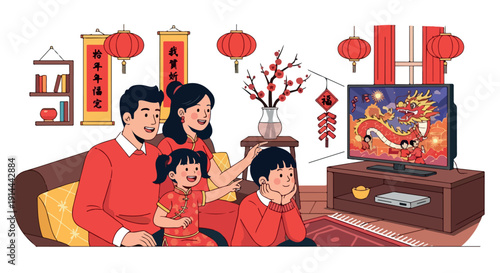 Illustration of a family watching a Chinese New Year television program together on a couch in a traditionally decorated living room.