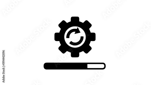 Vector illustration of black and white icon representing system update or process loading with a gear and circular arrows above a progress bar on a transparent background