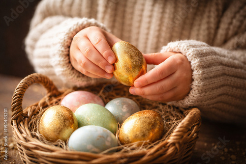 Wallpaper Mural Gentle hands cradling golden Easter egg above wicker basket filled with pastel decorated eggs in cozy sweater setting Torontodigital.ca