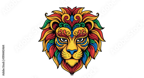 Vibrant colorful lion head illustration with intricate patterns on a white background, showcasing a mix of red, blue, green, and yellow hues.