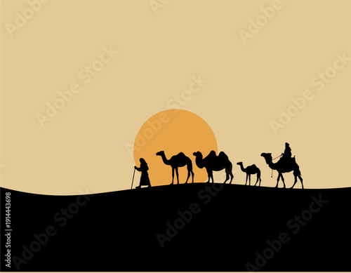Camel Caravan Crossing Desert at Sunset Minimalist Silhouette Vector