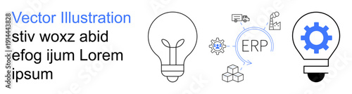 Business innovation, process automation, ERP systems, workflow management, logistics, and technology integration. Lightbulb with gear and ERP concept in the image. Innovation and automation