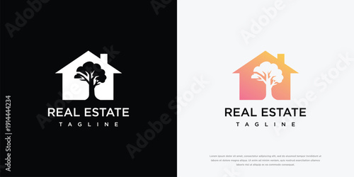 Real Estate House Tree Logo Design - Modern Home Property Vector Icon.