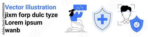 Cybersecurity, data protection, identity, healthcare symbols, software development, digital verification. Developer writing code, shields with a cross and tick mark, face recognition illustration