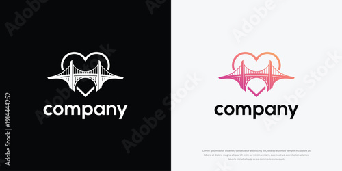 Modern Heart Bridge Logo Design Vector - Connection Love  Community Symbol.