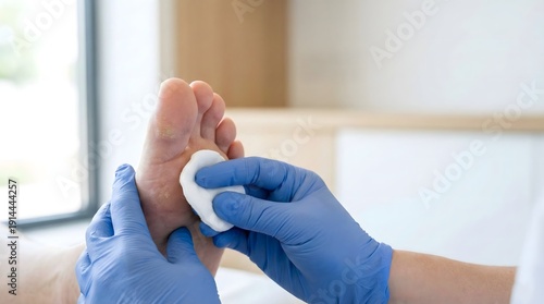 Close up of podiatrist hands in blue gloves treating a patient foot sole with cotton pad, medical pedicure callus removal