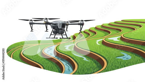 Drone over green landscape.