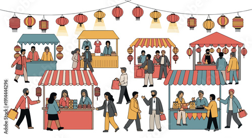 Illustration of a vibrant outdoor market scene with people shopping and socializing under colorful tents and lanterns on a white background.