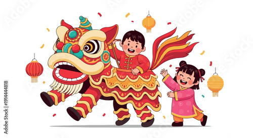 Two children dancing with a colorful lion dance performer surrounded by lanterns on a white background with festive and vibrant tones.