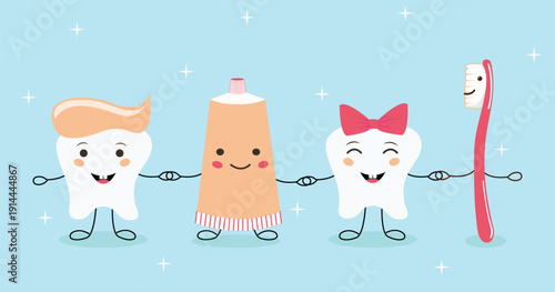 Cute tooth character, tooth, toothpaste tube, toothbrush holding hands