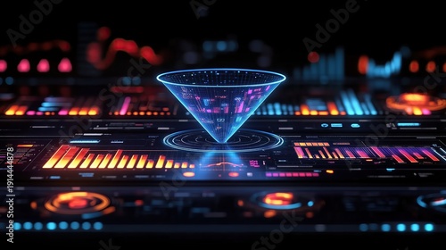 Blue Glass Funnel on Modern Office Desk with Data Dashboard, Digital Marketing Sales Analytics Illustration with Hologram and Charts