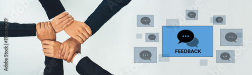 Fotografie This image captures diverse hands joining in collaboration while showcasing feedback elements, illustrating effective teamwork and communication in a business setting