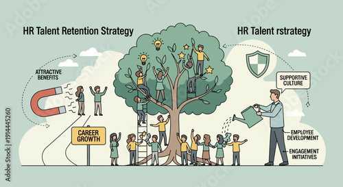 Conceptual illustration of HR talent retention strategy with nurturing tree and employee growth.