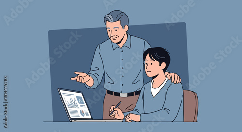 Senior man mentoring young man on laptop with friendly guidance.