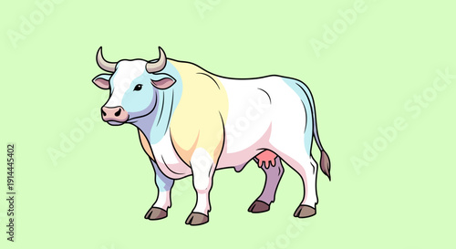 Illustration of a colorful cartoon cow standing on a light green background.
