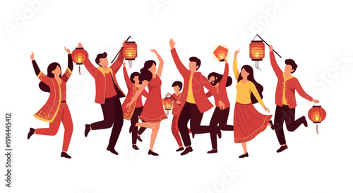 Group of diverse people in traditional clothing jumping and holding lanterns in mid-air with joyful expressions on a white background.