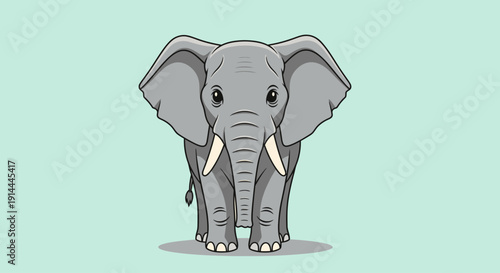 Cute cartoon elephant standing facing forward with tusks and big ears.