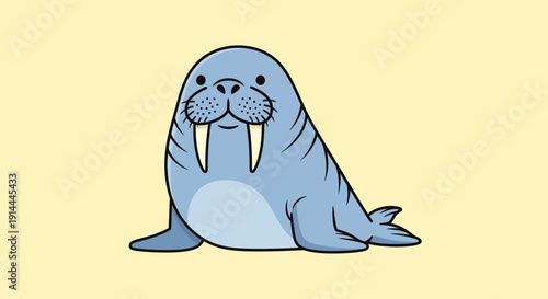 Illustration of a happy cartoon walrus on a light yellow background.
