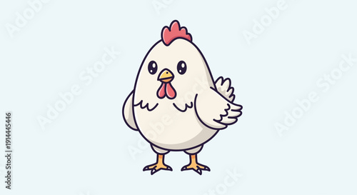 Cute cartoon chicken character with white feathers and red comb.