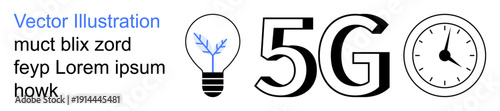 Technology, innovation, speed, connectivity, efficiency, modern communication. Light bulb with a branch-thumbs up circuit inside, the text 5G and a clock symbol. Technology and innovation concept