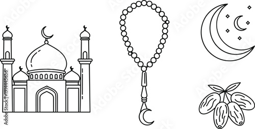 Ramadan mosque crescent moon star lantern prayer beads dates icons, Islamic holy month fasting prayer celebration religion culture spirituality tradition design
