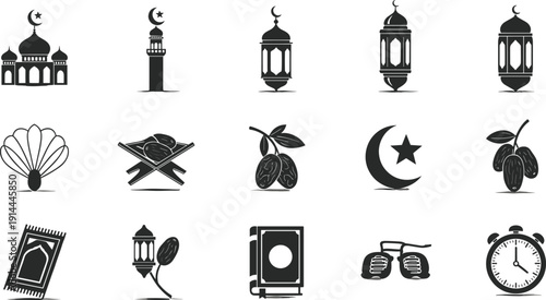Ramadan mosque crescent moon star lantern Quran prayer rug dates icons, Islamic holy month fasting prayer celebration tradition black white design
