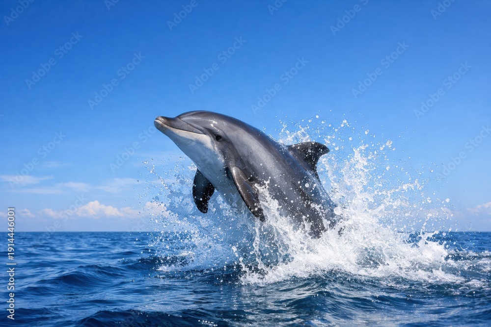 Naklejka premium Dolphin Jumps out of the Water in an Ocean Scene With Clear Blue Skies During the Day