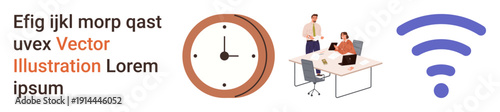 Workplace collaboration, time management, remote work, digital connectivity, teamwork, technology solutions. Office desk discussion with clock and wireless icon. Collaboration and time management