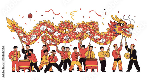 Illustration of a group of people performing a traditional dragon dance with a vibrant dragon and festive decorations on a white background.