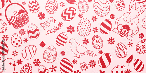 Vibrant easter background with red eggs, flowers, and birds on soft pink, featuring various patterns and designs.