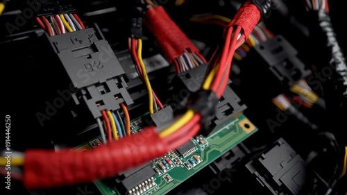Close up view of an automotive wiring harness with connectors and cables. Electronic circuit board inside a modern vehicle for diagnostics and repair service