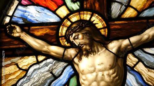 Stained glass window depicting the crucifixion of jesus christ. Religious art for easter and good friday showing the passion of the son of god with a crown of thorns