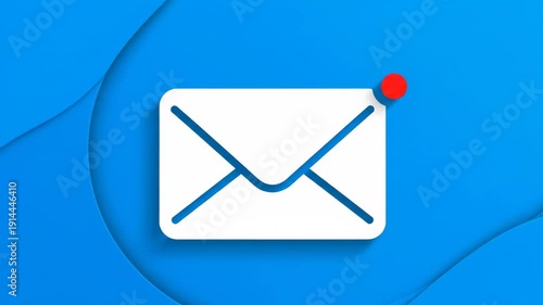 New email notification icon animation sequence. An unread message alert with a red dot disappears after being read on a modern blue background with copy space