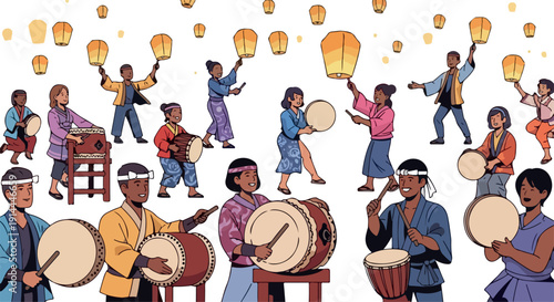 Vibrant illustration of diverse people playing drums and holding lanterns against a white background with a joyful and festive mood.