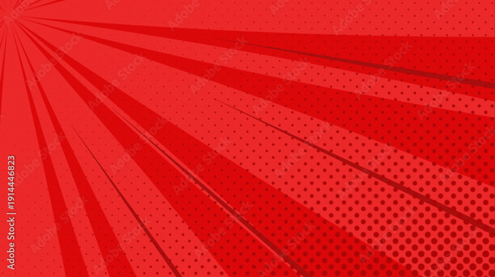 Obraz premium red color with a very energetic and dynamic Pop-Art style. Using a pattern of rays coming out of one point in the upper left corner. There is a Halftone pattern (small dots) which is a characteristic 