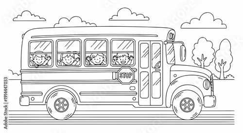 A vintage red London cartoon tourist bus and a classic yellow school bus vector illustration travel through the city as iconic transportation vehicles