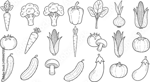 Hand drawn vector set of fresh vegetables and flowers featuring sketches of tomato, carrot, and healthy organic doodles in a cartoon illustration style