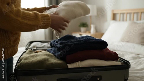 Sequence of an unrecognizable woman packing warm sweaters into a suitcase in the bedroom. Young adult getting ready for a winter holiday or vacation. Travel preparation concept
