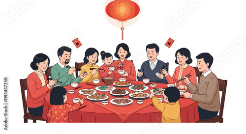 Illustration of a diverse family enjoying a meal together at a long red table with a lantern and decorations in a warm and festive atmosphere.