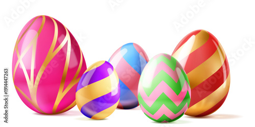 Easter illustration with colorful eggs and soft shadows on white background, decorated with stripes and patterns.