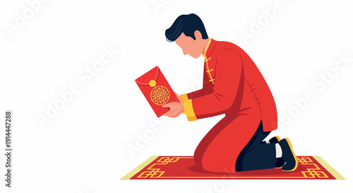 Illustration of a man kneeling on a prayer mat reading a red book with gold details in a traditional outfit.