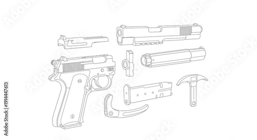 Disassembled Handgun Parts Illustration.
