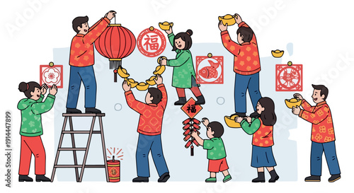 Illustration of a diverse group of people decorating for a celebration with lanterns and couplets in a colorful and lively scene.