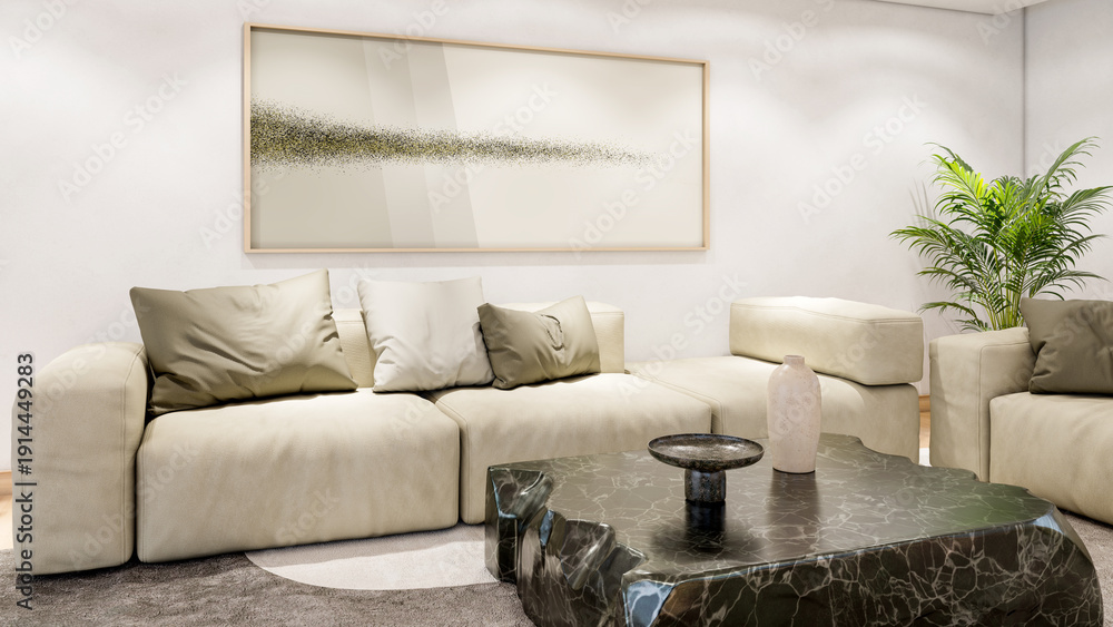Obraz premium Large illustration 3D rendering luxury modern bright interiors Living room mockup with Couch and Ceiling Fan Ventilation