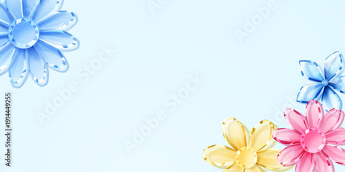 Crystal flowers in shades of blue, yellow, and pink on a light blue background, digital art style.