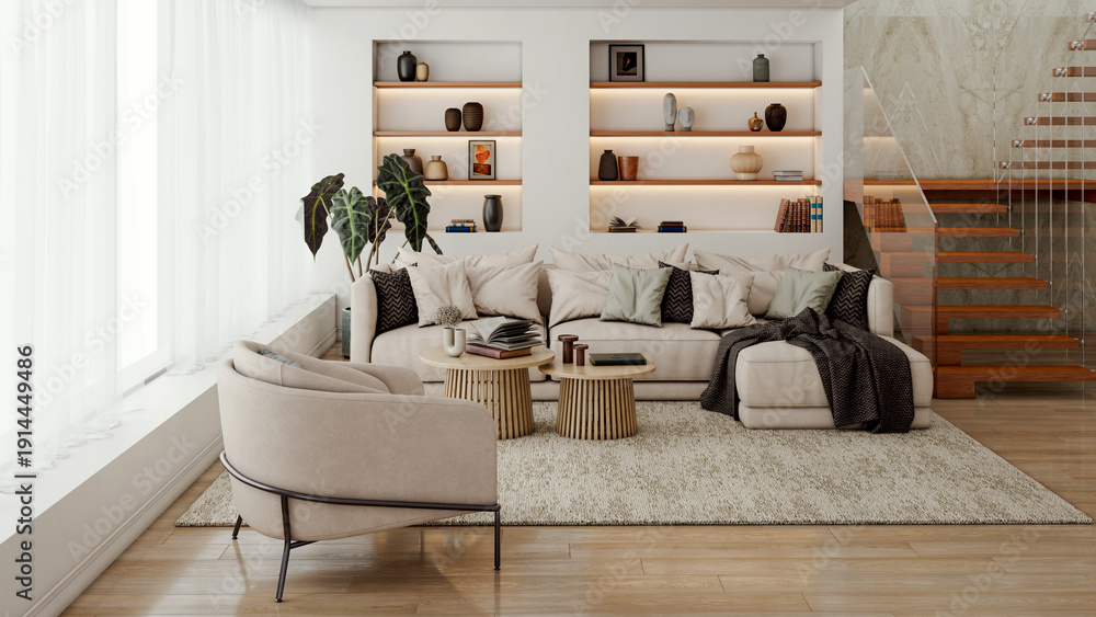 Naklejka premium Large illustration 3D rendering luxury modern bright interiors Living room mockup with Couch and Ceiling Fan Ventilation