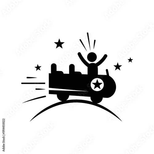 Happy Person Riding Roller Coaster with Stars Icon on Isolated White Background